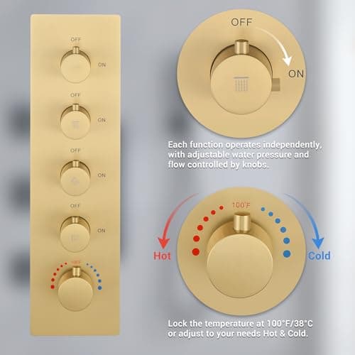 Brushed Gold Thermostatic Shower System with Body Jets, Ceiling 16” Rainfall Shower & Wall Mount 6-Inch Shower Head Luxury Shower Faucet Set with Handheld Spray, Dual Shower Heads Set