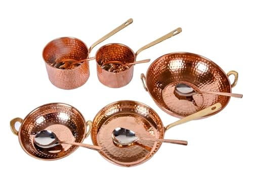 Pure Cookware 10 Piece Set with Serving Spoon (Sauce Pan | Copper Kadhai Set | Copper Fry Pan) with Brass Handle for Cooking Purpose
