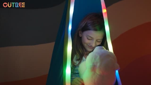 OUTREE Light Up Pod Swing Seat, Sensory Swing with LED Light, Cotton Kids Chair for Indoor and Outdoor, Hammock Chair Easy to Install, Blue