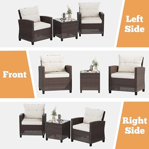 Shintenchi 3 Pieces Patio Furniture Set 3 Pieces PE Rattan Wicker Chairs with Table Outdoor Furniture for Backyard/Garden/Poolside/Outdoor Restaurant Brown Rattan with White Cushion