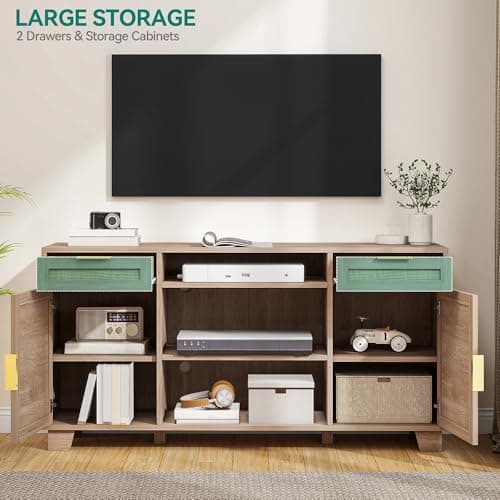 YITAHOME Rattan TV Stand for up to 65 Inch TVs, Boho Entertainment Center with Storage, TV Media Console with Drawers, Adjustable Shelves for Living Room (Natural Oak)