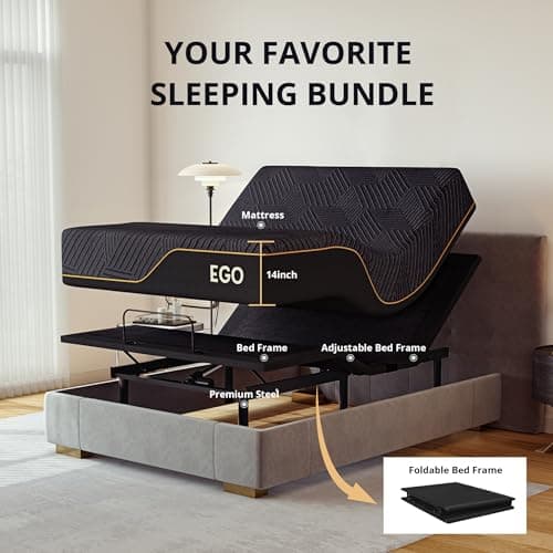 EGOHOME Split King Adjustable Bed Frame and 14 inch Copper Gel Memory Foam Mattress Set, Metal Foldable Bed Base with Remote, Head and Foot Incline, Zero Gravity Mode, Easy Assembly