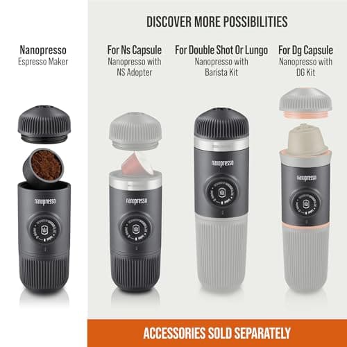 WACACO Nanopresso Portable Espresso Maker,Upgraded Version of Minipresso, 18 Bar Pressure Ground Coffee, Small Travel Coffee Maker, Manually Operated, Perfect for Trips and Camping Outdoor