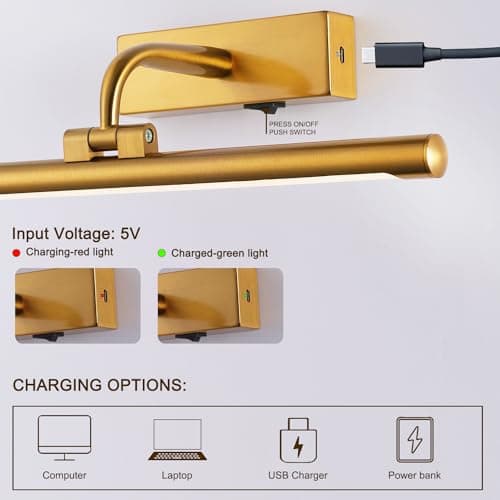 Battery Picture Light 3W 16” Wireless Art Lights for Paintings Brass Gold Rechargeable Gallery Light 3CCT Display Light with Remote and Timer Dimmable Wall Light for Portrait Dartboard Canvas