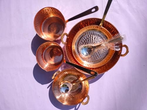 Pure Cookware 10 Piece Set with Serving Spoon (Sauce Pan | Copper Kadhai Set | Copper Fry Pan) with Brass Handle for Cooking Purpose
