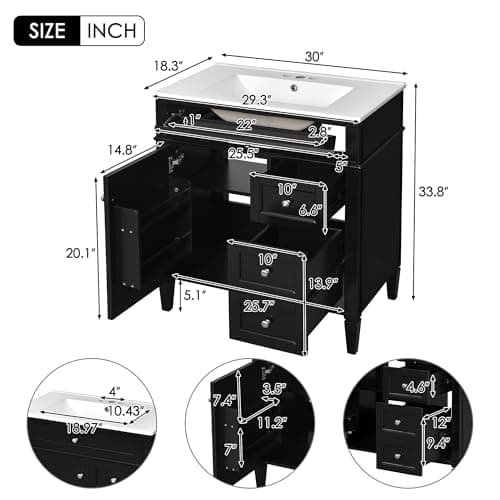 Modern 30" Bathroom Vanity with Sink, Bathroom Storage Cabinet with 2 Drawers, 1 Tip-Out Drawer and 1 Door, Freestanding Bathroom Vanities, Soft Closing, Solid Wood Frame