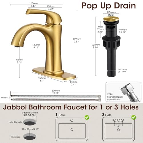 Brushed Gold Single Hole Bathroom Faucets, Single Handle Brass Bathroom Sink Faucet for 1 or 3 Holes, Vanity Faucet with Pop Up Drain and Supply Lines, Deck Plate