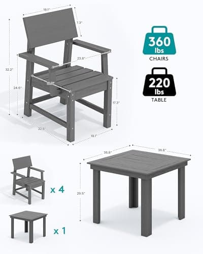 SERWALL HDPE Outdoor Dining Set, Patio Table and Chairs Set All Weather Patio Dining Set for 4, 5-Piece Patio Dining Furniture for Deck, Garden, Backyard, Gray