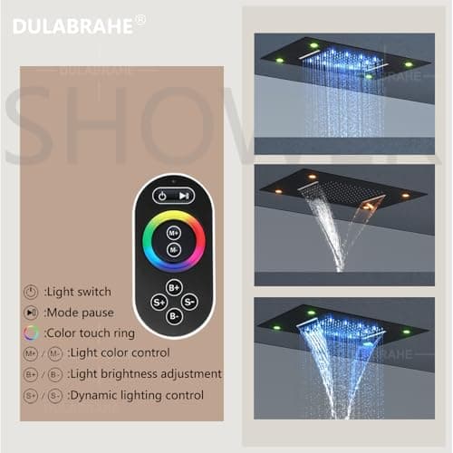 Waterfall And Rain Shower System Faucet Set 14 X 20 Inch LED Ceiling Rainfall Matte Black Shower Head With Handheld Spray Combo Shower Body Jets For Bathroom
