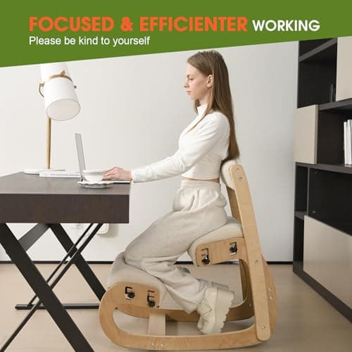 Ergonomic Kneeling Chair with Back Support,Kneeling Chair Improve Posture and Relife Back Pain,Soft Memory Arc-Pad and Wood Adjustable Height Rocking Knee Chairs,Ideal for Office Home Desk,Natual