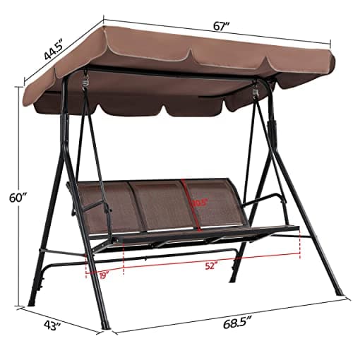 Yaheetech Outdoor Porch Swing Chair for Adults, 3-Seat Patio Hanging Swing w/Adjustable Canopy, Armrests, Porch Swing Sets w/Stand, Breathable Fabric for Backyard/Garden/Balcony, Dark Brown