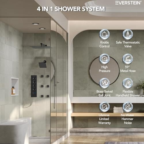 Thermostatic Shower system with 6 Body Jets, 16, 6 in. Bathroom Shower Set Wall Mount Dual Shower Head Faucet in Matte Black