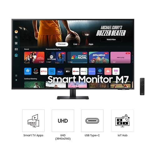 Samsung 43-Inch M7 (M70D) Series 4K UHD Smart Monitor with Streaming TV, Speakers, HDR10, USB-C, Multiple Ports, Gaming Hub, SolarCell Remote, Vision Accessibility Tools, LS43DM702UNXGO, 2024, Black