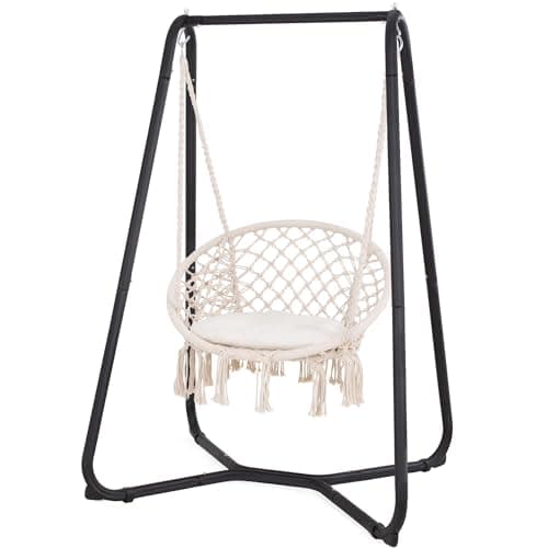 SUNCREAT Patio Swing Chair with Stand and Cushion, Heavy Duty Hanging Chair with Stand for Bedroom, 330 lbs Capacity, Patent Pending, Beige