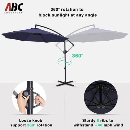 ABCCANOPY 10FT Cantilever Patio Umbrella with base included, 360° Rotation Outdoor Offset Umbrella for Backyard, Deck, Poolside (Navy Blue)