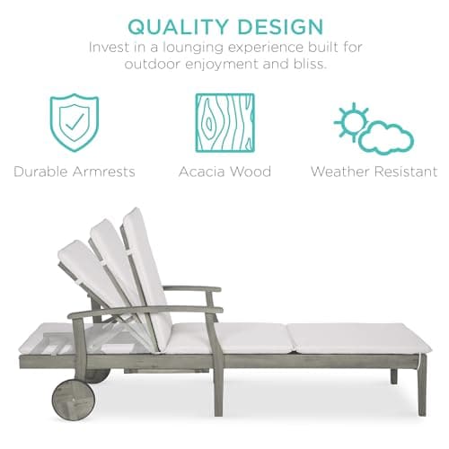 Best Choice Products 79x26in Acacia Wood Chaise Lounge Chair Recliner, Outdoor Furniture for Patio, Poolside w/Slide-Out Side Table, Foam-Padded Cushion, Adjustable Backrest, Wheels - Gray/Cream