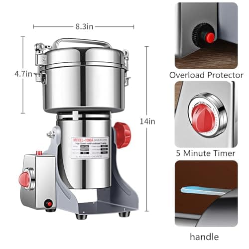 Electric Grain Grinder Mill 1000g High-speed Spice Herb Mill Commercial Powder Machine for Dry Cereals Grain Herb Spice Coffee Corn Bean CE approved (1000g Stand Type)
