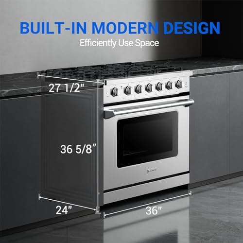 AAOBOSI 36 Inch Front Control Gas Range Oven with 6 Cooktop Burners, 6 Cu. Ft True Convection and Self Clean, Freestanding Stainless Steel Heavy Duty Gas Range Stove with Halogen Light,Large Capacity