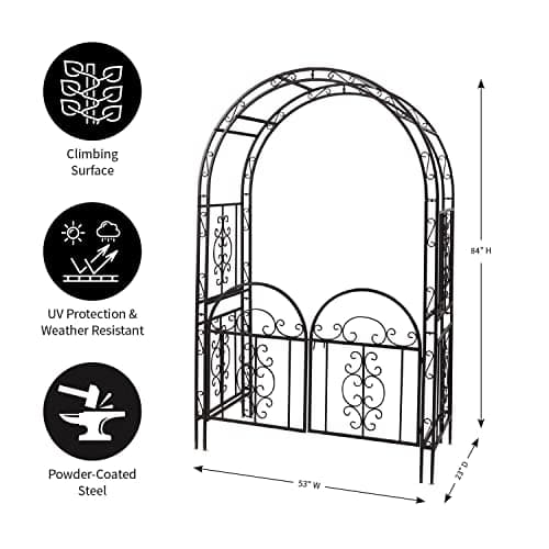 Plow & Hearth Arch Metal Outdoor Garden Arbor Double Gate | Montebello | 7 Feet Tall | Gunmetal Black | Trellis Lattice Climbing Plants