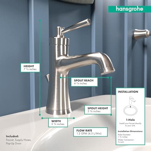 hansgrohe Joleena Transitional 1-Handle 1 8-inch Tall Bathroom Sink Faucet in Brushed Nickel, 04771820, 1.2 GPM