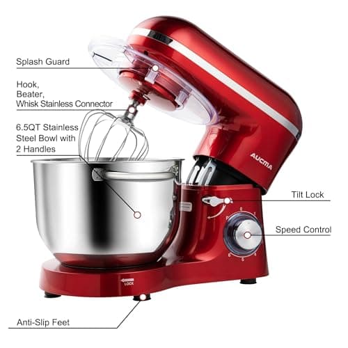 Aucma Stand Mixer,6.5-QT 660W 6-Speed Tilt-Head Food Mixer, Kitchen Electric Mixer with Dough Hook, Wire Whip & Beater 2 Layer Red Painting (6.5QT, Red)