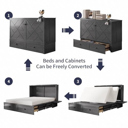 ijuicy Murphy Bed Queen with Foam Mattress, Convenient Murphy Bed Cabinet with Charging Station & Storage Board, Bed That Folds into Cabinet with Large Storage Drawer for Bedroom,Guest Room(Grey)