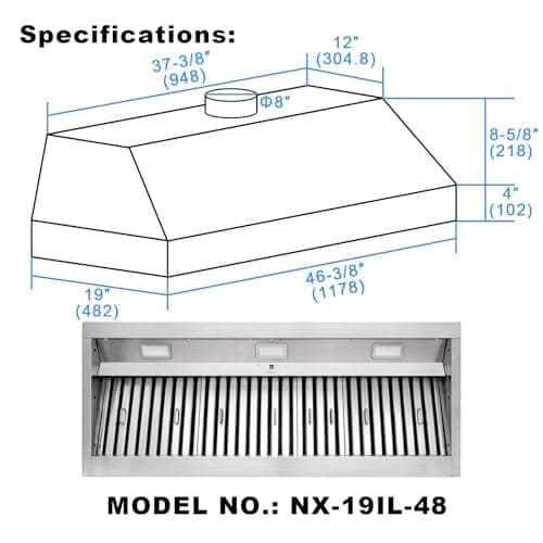 Akicon Range Hood Insert 48 Inch, 1200 CFM Built-in Kitchen Hood with 4 Speeds, Ultra-Quiet Stainless Steel Ducted Vent Hood Insert with Dimmable LED Lights and Dishwasher Safe Filters (Warm White)