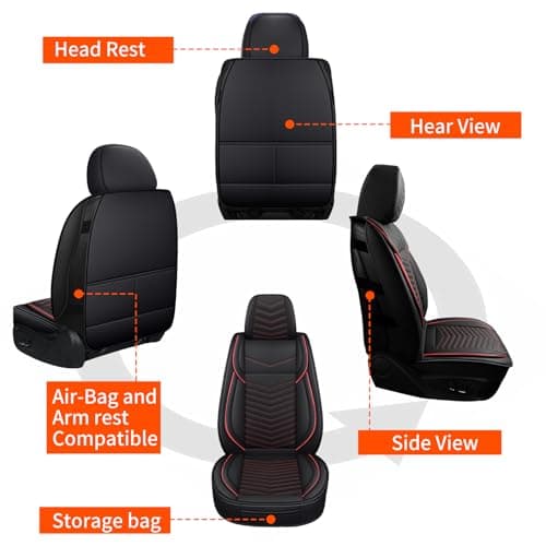 Car Seat Covers,Breathable and Waterproof Leather Seat Covers for Cars,Universal Anti-Slip Driver Seat Cover with Backrest for SUV Pick-up Truck Sedan(Style1,2 PCS Front Seat,Black+Red)