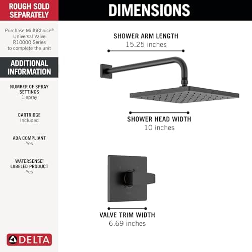 Delta Modern 14 Series Square Rain Shower Faucet Set, Matte Black Shower Head and Handle Set, Valve Trim Kit, Matte Black T14268-BL-PP (Valve Not Included)