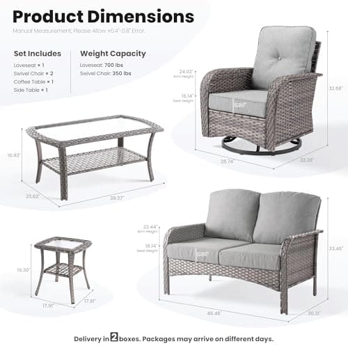 ovios 5 Pieces Patio Furniture Set, Outdoor Wicker Sofa with Swivel Chairs, Coffee Table, All Weather High Back Rattan Loveseat Couch with Comfy Cushions, Dark Grey