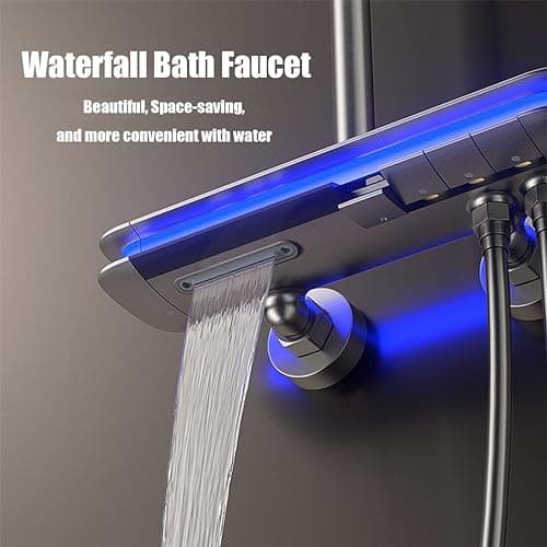 BEITH Thermostatic Shower System, 4 Piano Keys UFO Shower Faucet Set, 31x20cm Square Shower Set, Digital Display, 360° LED Ambient Light, Hydroelectric Power, with Bathtub Faucet (Gun Gray)