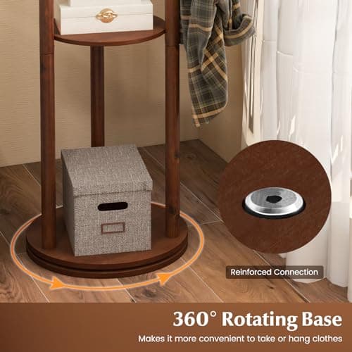 Tangkula Coat Rack Freestanding, Rotary Wooden Coat Tree with 3 Display Storage Shelves & 9 Hooks for Coats, Scarves, Hats & Bags, 66 Inches Coat Hanger Stand for Entryway, Bedroom, Office (Walnut)