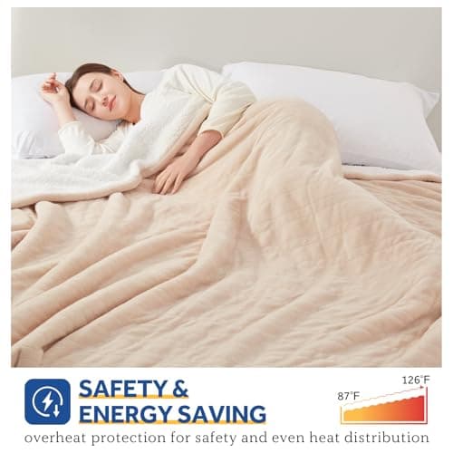 Sealy Electric Blanket Twin Size, Flannel & Sherpa Heated Blanket with 10 Heating Levels & 1-12 Hours Auto Off, Machine Washable, Beige, 62x 84 Inch
