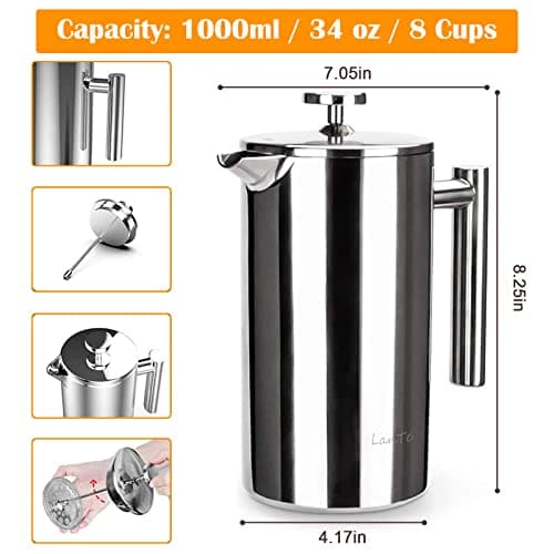 French Press Coffee Maker, Double Insulated 304 Stainless Steel Coffee Tea Maker 4 Level Filtration System, No Coffee Grounds, Rust-Free, Dishwasher Safe, 1000ml