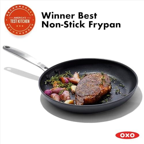 OXO 12” Nonstick Frying Pan Skillet, Enhanced PFAS-Free Ceramic Nonstick, Durable Hard Anodized Cookware, Scratch Resistant, Good Grips, Easy Clean Dishwasher Safe, Oven Safe, Drip Free Pours, Black