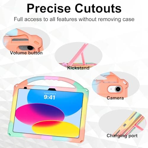 Adocham Kids Case for New iPad (A16) 11th Generation 11 Inch 2025/10th Generation 10.9 Inch 2022 Built-in Stand Handle,Lightweight Shockproof Silicone Kids Cover for iPad 10th/11th Gen (Rainbow)