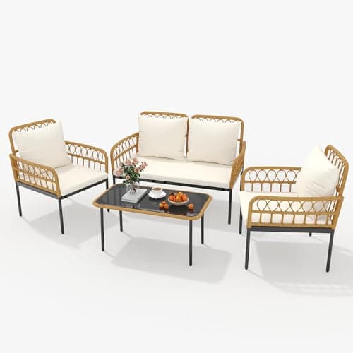 IDEALHOUSE 4-Piece Outdoor Patio Furniture Set, All-Weather PE Rattan Wicker Loveseat & Chairs with Glass Coffee Table & Steel Frame, Boho Conversation Set for Patio, Balcony, Backyard, Beige