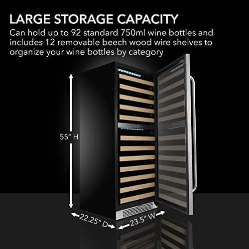 Whynter BWR-0922DZ 92 Wine Bottle Built-in or Freestanding Stainless Steel Dual Zone Compressor Large Capacity Refrigerator Rack for Open LED Display, Dark Grey-92 Grey