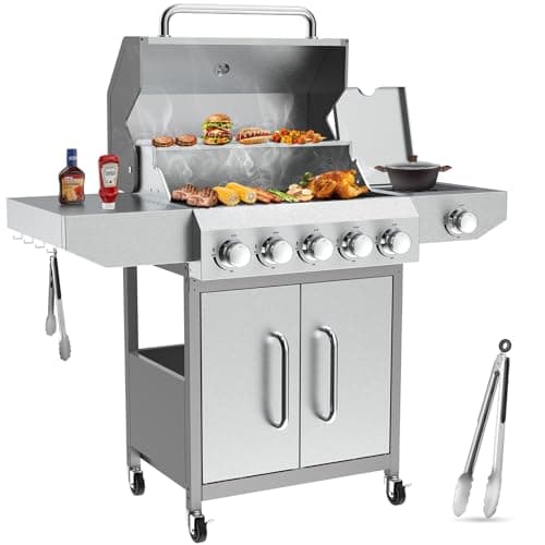 Llamaviva 5 Burner Propane Gas Grill with Side Burner,Stainless Steel BBQ Grill with Porcelain-Enameled Cast Iron Grates, 68000 BTU Cabinet-Style Cart Design for Outdoor Patio Barbecue- food clip