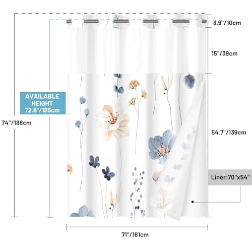 No Hook Shower Curtain with Snap in Liner - Watercolor Floral Shower Curtain - Fabric Waterproof Inner Liner, Plants Blue Beige Flowers White Cloth Shower Curtains Washable, 71 x 74 Inch