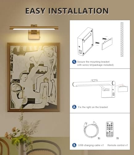 Joosenhouse Battery Operated Picture Lights for Wall Rechargeable Art Lighting for Paintings Wireless Gallery Light with Remote Control 16.54” Dimmable and Timed Off Wall Sconce Brass Color