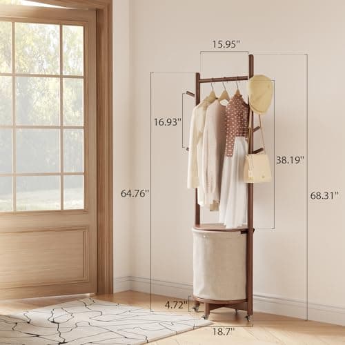Solid Wood Coat Rack with Fabric Basket - Coat Hanger Stand Coat Tree Rack Freestanding with 9 Hooks Wheels, Small Clothes Rack For Entryway Bedroom Hallway Living Room