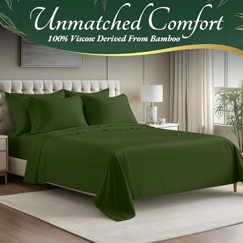 DECOLURE 100% Organic Viscose Derived from Bamboo Sheets Queen Size 6pcs - Ultra Soft & Luxuriously Cooling, 17" Deep Pocket, Double Stitching, Perfect for Hot Sleepers - Queen Bed Sheets (Olive)