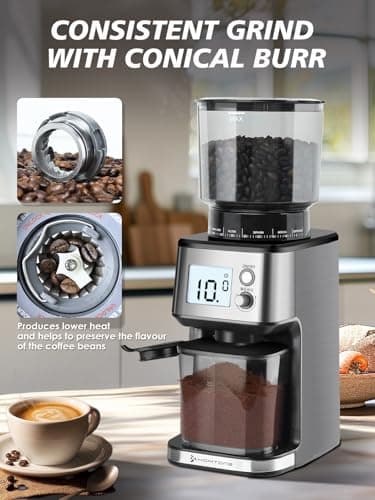 Homtone Conical Burr Coffee Grinder, Anti-Static Electric Espresso Grinder with 51 Precise Settings, Adjustable for 2-12 Cups, 120V Clog-Free, Digital Display Stainless Steel
