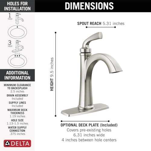 Delta Geist Brushed Nickel Bathroom Faucet 1 Hole, Single Hole Bathroom Sink Faucet for Vanity, Push-Pop Drain Assembly, SpotShield Brushed Nickel 15864LF-SP