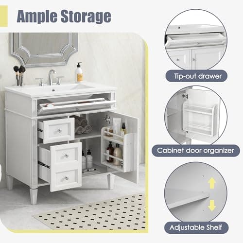 30'' Bathroom Vanity with Single Sink Combo, Modern Bathroom Storage Cabinet with 2 Drawers, 1 Pull Down Drawer and 1 Door, Freestanding Bathroom Vanities, Soft Closing, Solid Wood Frame
