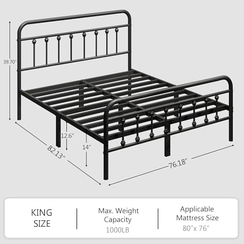 King Size Metal Platform Bed Frame/Victorian Style Headboard and Footboard/Steel Slat Support/Easy Assembly/No Box Spring Needed/Underbed Storage/Noise Free/Black