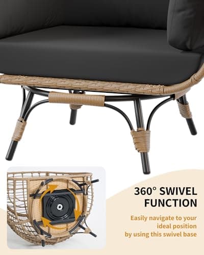 360°Oversize Swivel Egg Chair Outdoor, Heavy-Duty Steel Wicker Egg-Shaped Chair w/4 Cushions, Patio Rotating Rattan Egg Basket Lounge Seat for Patio, Porch, Backyard, Living Room, Black