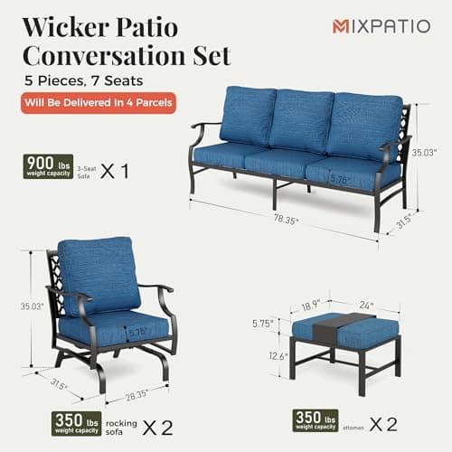Patio Furniture Set 5 pcs, Outdoor Patio Furniture, 3-Seat Sofa, 2 Rocking Chairs, 2 Ottomans and 5.75" Extra Thick Cushion, Conversation Set for Backyard Deck,Gemstone Blue