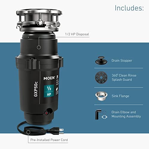 Moen Prep Series PRO 1/2 HP Continuous Feed Compact Garbage Disposal, Power Cord Included, GXP50C